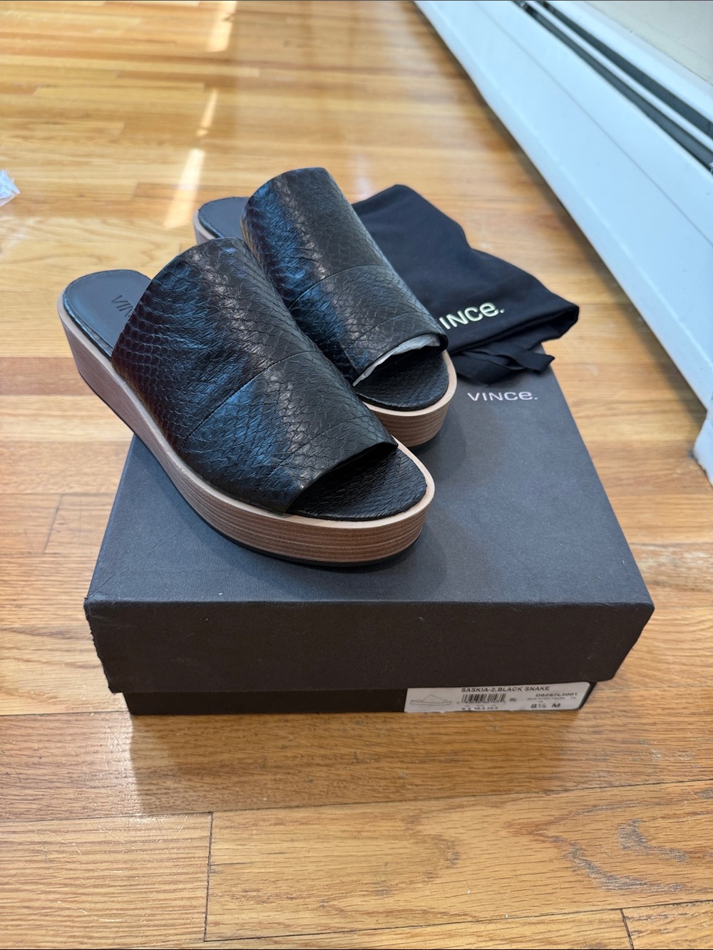 Vince Black Textured Leather Platform Slide Mules